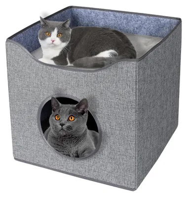 Image de Kitty's Penthouse, maison pour chats, grotte pour animaux, grise avec deux matelas, 40x38x40 cm