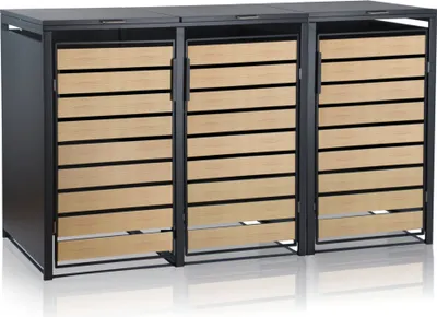 A set of three outdoor trash bin enclosures with slatted doors in a wood-like finish and dark grey frames, presented on a white background.