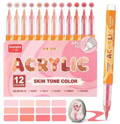 Obrázek produktu pro Sada akrylových fixů, 12 barev, odstíny pleti, štětec s hrotem 1-6 mm, voděodolné, vhodné pro keramiku, sklo a dřevo