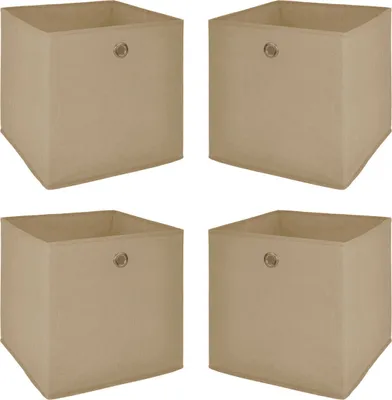 A collage of four beige fabric storage boxes arranged in a 2x2 grid.