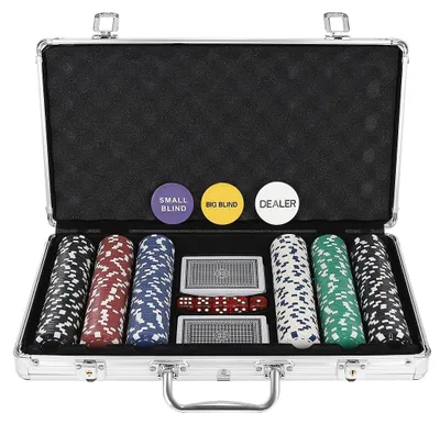 Produktbild von Omgoods - Poker-Set mit 300 Chips - Poker-Koffer aus Aluminium - 2 Kartenspiele - 5 Würfel - Geeignet für Texas Hold'em - Robuste Konstruktion - Poker-Zubehör