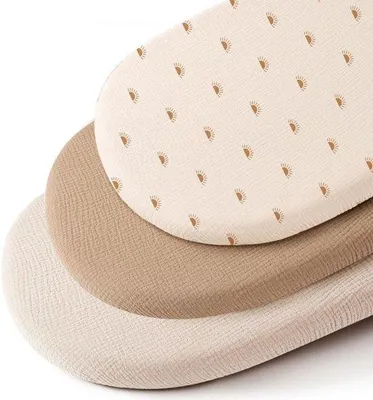 Produktbild von Musselin-Spannbettlaken Baby - 3er Set - 80 x 40 cm - Elastisches Babybettlaken aus Baumwolle - Für Kinderwagen, Babybett - Braun/Beige/Weiß