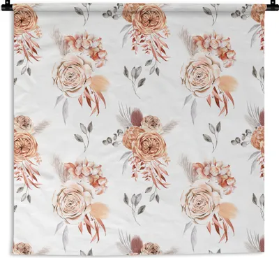 Produktbild von MuchoWow® Wandteppich Wandbehang Blumen - Rosen - Blätter - Weiß 150x150 cm Tapisserie Dekoration Wandtuch - Wohnaccessoires - Modernes