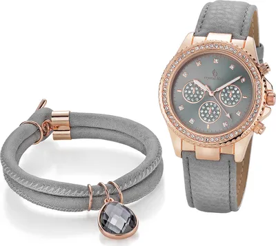 Produktbild von Crystal Blue Damen Armbanduhr rose gold Strass Armband grau Leuchtzeiger + Knebelarmband 86305