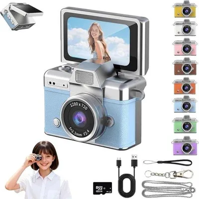 Image de Appareil photo numérique compact pour enfants - Full HD 1080p - Écran IPS de 0,96 pouce - Carte mémoire de 64 Go incluse - 6 filtres - bleu
