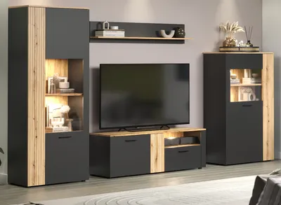 Produktbild von Wohnwand "Avila" grau und  Eiche Schrankwand 4-teilig 340 cm mit Beleuchtung