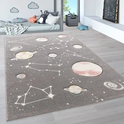 Produktbild von Kinderteppich Weltraum Kinderzimmer schmutzabweisend Grau Rechteckig 80x150 | 100% Polypropylen, Rücken aus Jute | Florhöhe: 13 mm | pflegeleicht