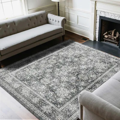 Immagine prodotto di Tappeto - Tappeto da soggiorno a pelo corto 244 x 305 cm - Lavabile - Antiscivolo - Design vintage - Grigio