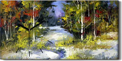 Produktbild von Leinwand Wanduhr Wandkunst Uhr Geräuschlos 60x30 Waldbachbäume Winter Landschaft - schwarze Hände
