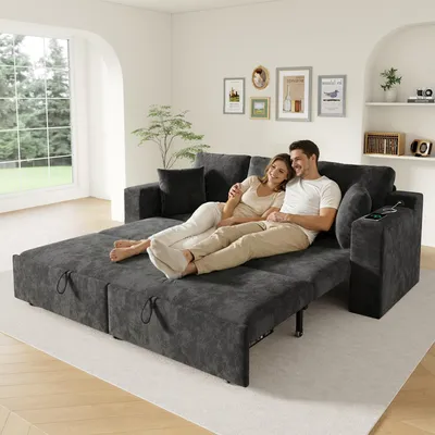 Image de Canapé-lit 3-en-1 Merax, canapé multifonctionnel avec fonction couchage, ports de recharge USB, espace de rangement, canapé-lit pour le salon et la chambre à coucher, gris