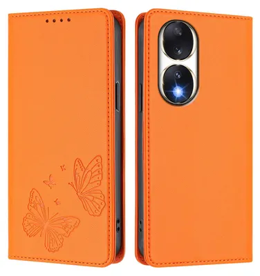 Obrázek produktu pro Kožené pouzdro pro Honor 90, motýlí ražbou, peněženkové flip pouzdro se stojánkem Oranžová