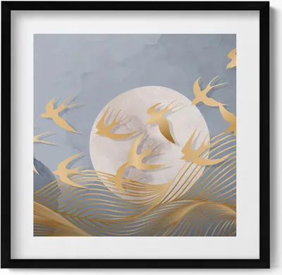 Produktbild von Illustration des Mondes und fliegender Vögel– Wandbild mit Rahmen – Gerahmtes Bild  – Wanddekoration – 50x50 cm –  Schwarz Rahmen