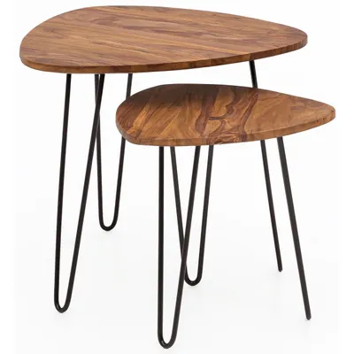 Produktbild von Design Satztisch WL5.659 Sheesham Metall Beistelltisch 2er Set Klein, Couchtisch Set 2 Holz Tische, Massivholz Wohnzimmertisch Metallgestell, Schmaler Sofatisch Ablagetisch
