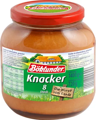 Obrázek produktu pro Böklunder Knacker párky 8 kusů osušené hmotnost 720g sklenice 1400g
