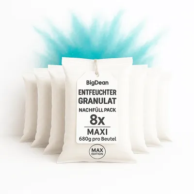 Produktbild von BigDean 8 Stück Luftentfeuchter Nachfüllpack Maxi Beutel je 680 Gramm Luftentfeuchter Granulat Entfeuchter Nachfüllpack (8x Granulat)