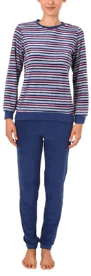 Produktbild von Damen Frottee Pyjama lang, Schlafanzug mit Bündchen und modischen Ringeln - 59892 ; blau , 48/50