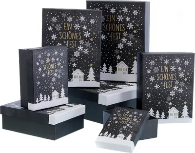 Produktbild von Geschenkboxen Geschenkkarton Weihnachten Geschenkverpackung " Ein schönes Fest" 7-er Set grau-weiß
