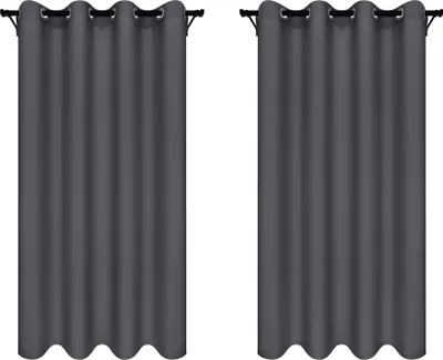 Two gray curtains hanging on a rod, displayed side-by-side against a white background.