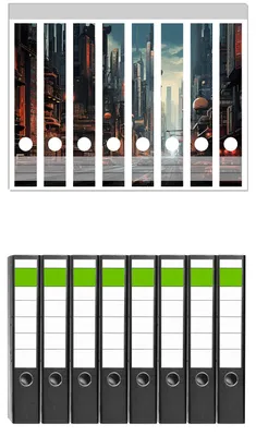 Produktbild von Wallario 8 Stück schmale Ordner inkl. Klebeetiketten mit Motive Technologie-Metropole - Set mit Rückenschildern / Ordnerrücken Stickern
