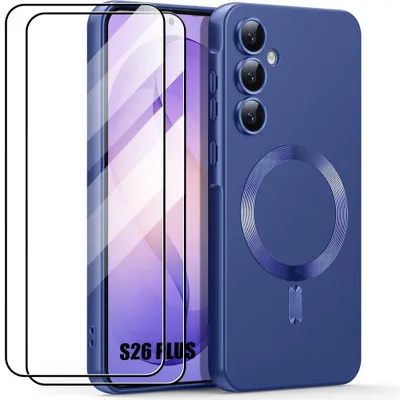 Image de Coque + 2 Verres Trempés pour Samsung Galaxy S26 Plus, Silicone Slim Anti-Rayures avec Cercle Magnétique - Bleu Marine