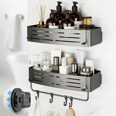 Image de Étagères de douche sans perçage, lot de 2, étagères d'angle pour douche avec ventouses et crochets, couleur grise