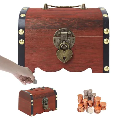 Produktbild von Abschließbare Spardose, Sparschwein mit Schloss und Schlüsseln, antike Holzschatzkiste mit Deckel, Spardose als Geschenk für Erwachsene und Kinder
