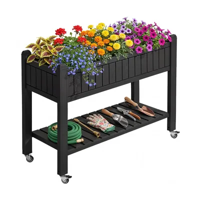 Produktbild von Hochbeet mit Rankgitter, 108,5 x 44 x 89,5 cm, Garten-Rankgitter mit Räder, Drainagelöchern, bis 6,8 kg, Schwarz