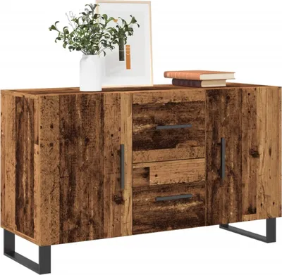 A wooden sideboard with drawers and doors, displayed on a white background.