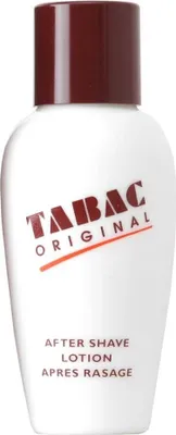 A white bottle of Tabac Original After Shave Lotion with a brown cap.