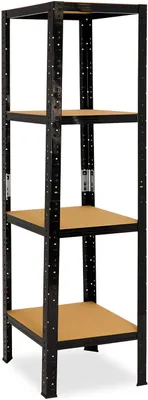 A black metal shelving unit with four wooden shelves, shown against a white background.
