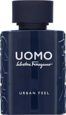A dark blue bottle of Salvatore Ferragamo Uomo Urban Feel Eau de Toilette.