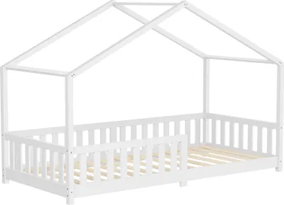 Obrázek produktu pro ML-Design dětská postel domeček postel 90x200 cm bílá, dřevěná postel s roštovým rámem s ochranou proti vypadnutí a střechou postel na hraní z masivního borovicového dřeva pro děti patrová postel