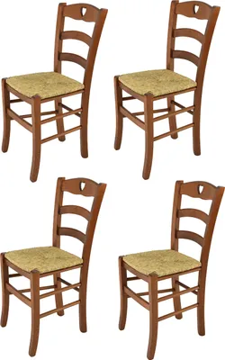 Image de t m c s Tommychairs - Set de 4 chaises CUORE pour la cuisine et la salle à manger, structure robuste en bois de hêtre laqué dans la teinte brun noyer clair et assise en paille