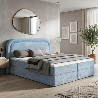 Produktbild von Boxspringbett BONITO 180x200 cm Komplett-Set mit Bettkasten, Bonell-Matratze H3 und Topper, Bouclé Hellblau