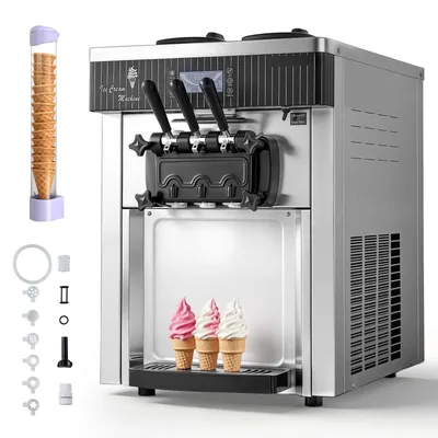Produktbild von Softeis Eismaschine - Gewerbliches Tischgerät - Produktionsmenge 20–28 L/h - Leistung 2200 W - Doppelbehälter 2×6 L - Vorkühlung - Selbstreinigung - LED-Display - Silber
