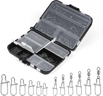 Produktbild von Angelwirbel Set 180 Teile, 6 Größen, mit Karabiner und Aufbewahrungsbox, zum Angeln