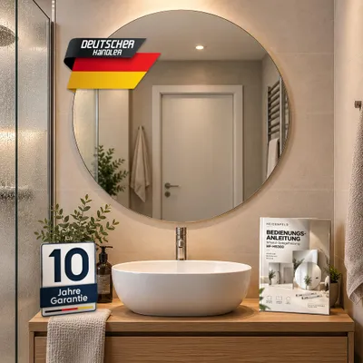 Produktbild von Heidenfeld Infrarot Spiegelheizung | Wandspiegel mit Heizung - Badezimmerspiegel - Anti-Beschlag Spiegel - Rahmenloses Design - 200 Watt - Rund