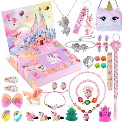 Produktbild von 2026 Adventskalender Kinder Einhorn Geschenke für Mädchen Prinzessinnen-Adventskalender mit Einhorn-Halskette Schmuck Haarschmuck Schlüsselanhänger