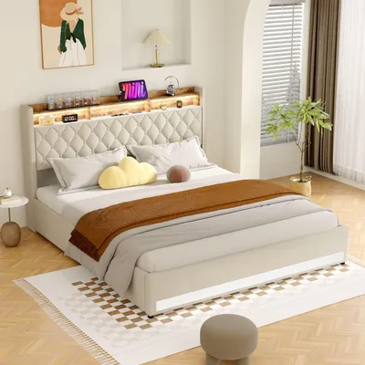Produktbild von MODFU Doppelbett Jugendbett 180×200 mit Matratze und LED-Kopfteil,Hydraulisches Polsterbett,Boxspringbett mit Regal und Steckdosen,Samt,Grau