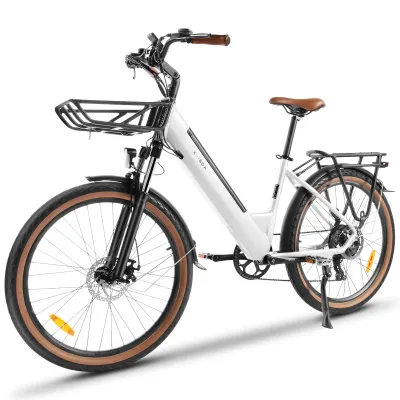 Productafbeelding van K601, elektrische stadsfiets voor volwassenen, 26 inch, 250W motor, 36V 16Ah verwisselbare accu, lage instap, mechanische schijfremmen, verende voorvork, maximaal draagvermogen: 150 kg