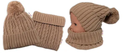 Productafbeelding van Wintermuts met pompon + sjaal - beige, maat 48-52 cm