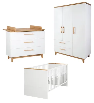 Zdjęcie produktu dla zestaw roba "Finn", w tym łóżko combi 70 x 140 cm, przewijak i szafa 3-drzwiowa, "biały"/"złoty dąb