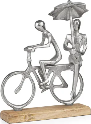 Produktbild von Dekofigur Paar auf Fahrrad mit Schirm - moderne Skulptur aus Aluminium auf Holzsockel - 30?cm hoch - Symbol für Liebe, Zusammenhalt & Freizeit - stilvolle Dekoration
