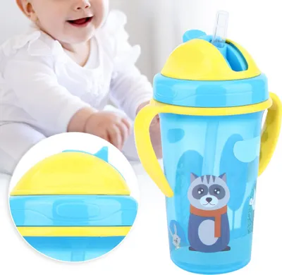 Obrázok produktu pre Roztomilý detský pohárik s rukoväťou a slamkou pre batoľatá, modrý