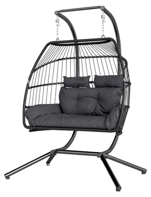 Produktbild von Faltbarer Hängesessel mit Gestell, Hängekorb mit Kissen aus Polyrattan, ergonomische Hängeschaukel für 2 Personen, belastbar bis 260 kg, Sessel für Balkon und Terrasse, Dunkelgrau
