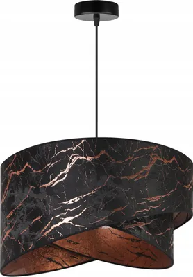 A pendant light with a black and copper marble pattern lampshade, suspended from a black ceiling mount.