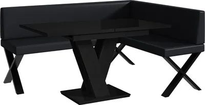 Produktbild von MEBLINI Eckbank für Esszimmer mit ausziehbarem Tisch - Küchenbank - Essecke - Sitzecke Küche - TONI - X-Beine 128x168x87cm Rechts - Schwarz Kunstleder/M Schwarz Hochgl.