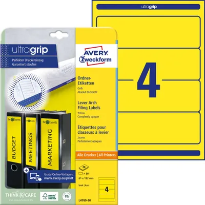 Immagine prodotto di Avery Zweckform® L4769-20 L4769-20 Etichette per cartelle - larghe/corte, (A4 - 20 fogli) 80 pezzi, giallo