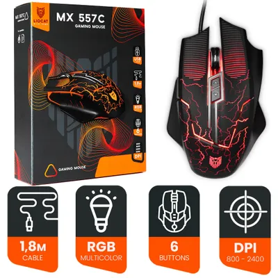 Produktbild von FOREVER Gaming-Maus MX 557C, Schwarz-Rot, 3200 DPI, 6 Tasten, RGB Beleuchtung, 1.8m Kabelgebunden, USB, Ergonomisches Rechtshänder Design, Optischer Sensor, 60 Mio. Klicks, für PC Laptop