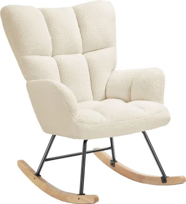 A cream-colored rocking chair with a textured fabric and black metal legs with wooden rockers, isolated on a white background.